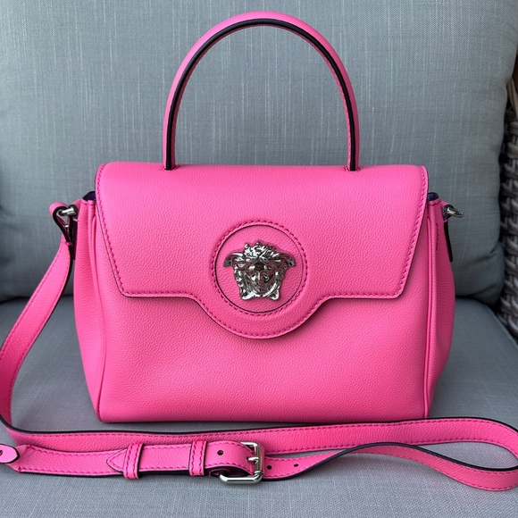 Versace Top Handle Bag FlamingoPink La Medusa Vitello Leather Crossbody Tags NEW - Picture 10 of 13